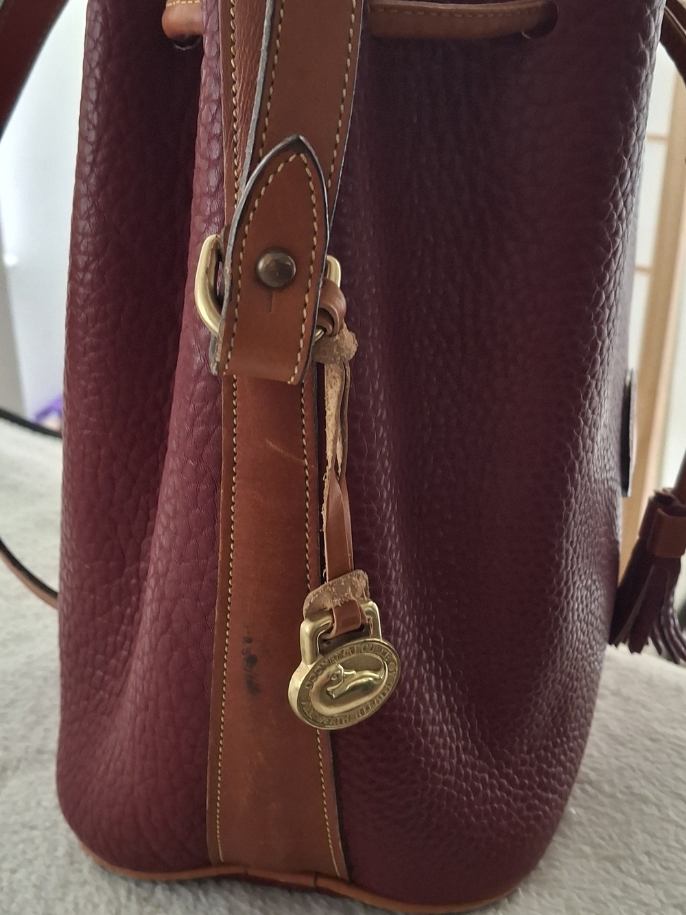 Dooney & Bourke Burgundy and Brown Pebbled Leather Drawstring Shoulder Bag - Picture 7 of 10